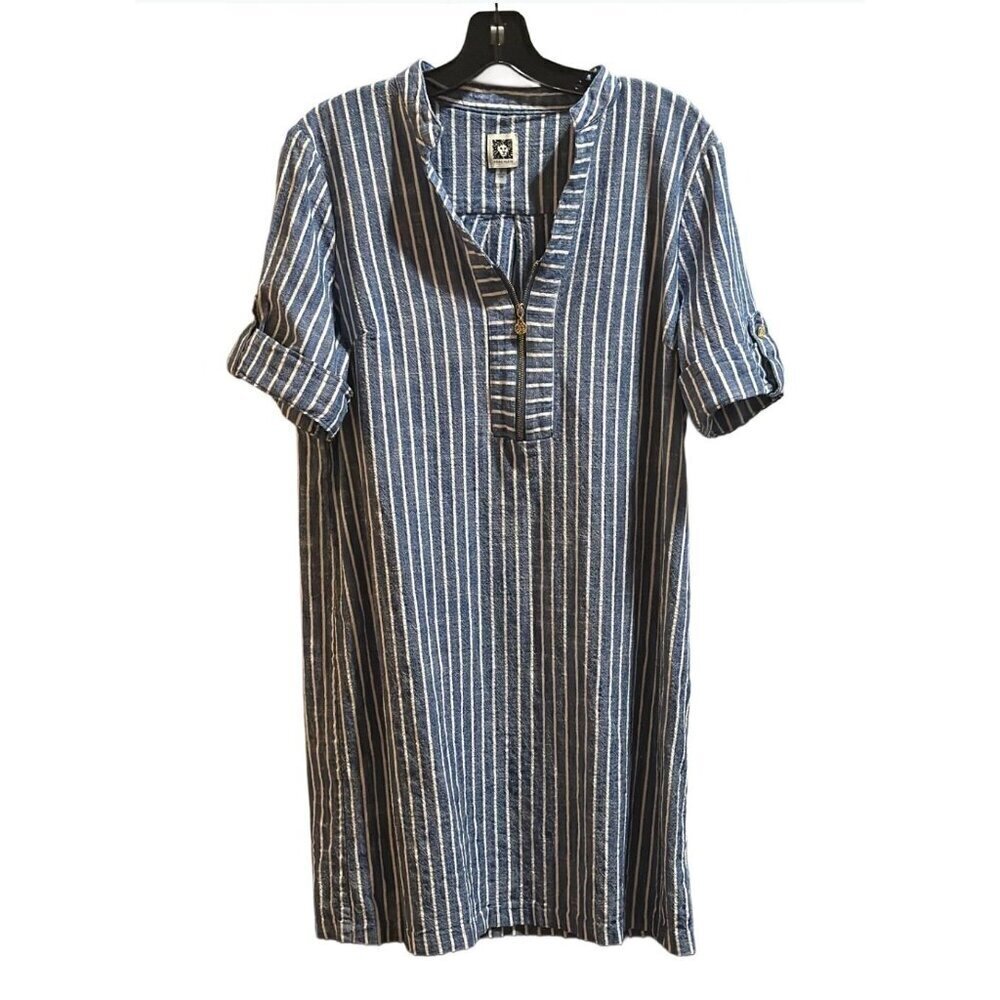 Anne Klein Womens Size 16 Nautical Blue White Stripe Shift Dress Zip Front - Picture 1 of 9